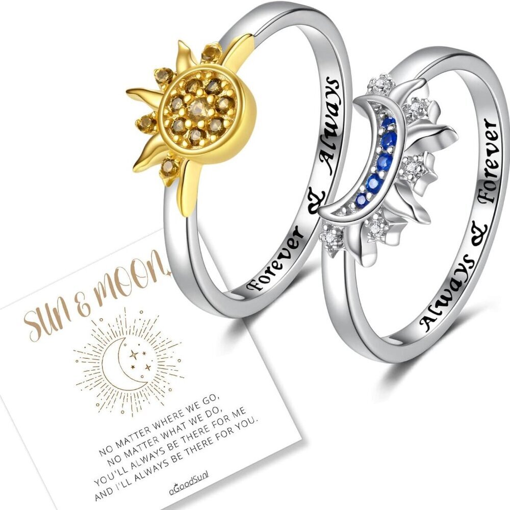 Hypoallergenic Silver Friendship Rings - Moon & Sun Stackable Sets For Women